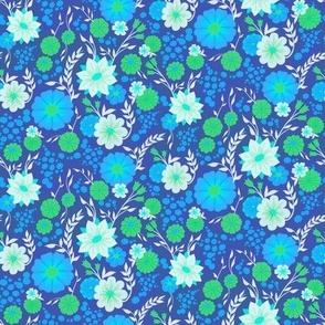 Spring Floral in Cool Blue with Green and White // Medium Scale