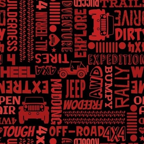 Large Scale 4x4 Adventures Word Cloud Off Road Jeep Vehicles in Red and Black