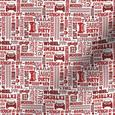 Small Scale 4x4 Adventures Word Cloud Off Road Jeep Vehicles in Red