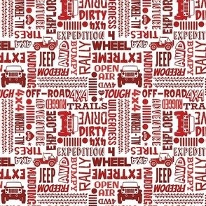 Small Scale 4x4 Adventures Word Cloud Off Road Jeep Vehicles in Red