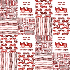 Bigger Patchwork 6" Squares 4x4 Adventures Jeep Off Road Vehicles Red and White for Cheater Quilt or Blanket