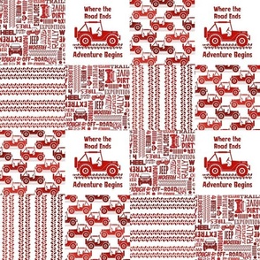 Smaller Patchwork 3" Squares 4x4 Adventures Jeep Off Road Vehicles Red and White for Cheater Quilt or Blanket