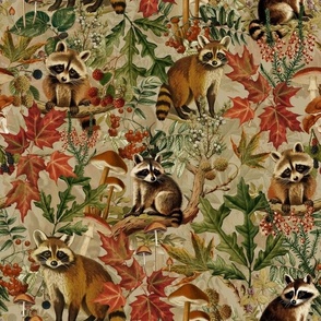 nostalgic toxic mushrooms colorful leaves and the cutest racoons in the forest with dark moody florals vintage fall home decor, antique wallpaper fabric- Wallpaper-sepia sand