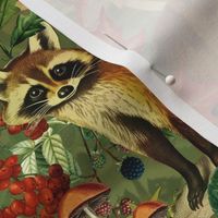 nostalgic toxic mushrooms colorful leaves and the cutest racoons in the forest with dark moody florals vintage fall home decor, antique wallpaper fabric- Wallpaper- dark green