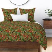 nostalgic toxic mushrooms colorful leaves and the cutest racoons in the forest with dark moody florals vintage fall home decor, antique wallpaper fabric- Wallpaper- dark green