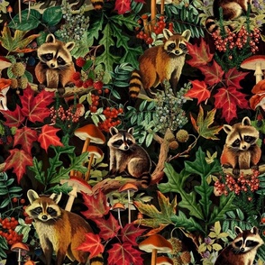 nostalgic toxic mushrooms colorful leaves and the cutest racoons in the forest with dark moody florals vintage fall home decor, antique wallpaper fabric- Wallpaper- gothic black