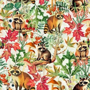 nostalgic toxic mushrooms colorful leaves and the cutest racoons in the forest with dark moody florals vintage fall home decor, antique wallpaper fabric- Wallpaper- off white