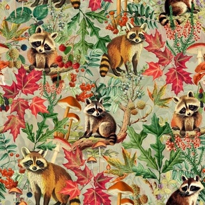 nostalgic toxic mushrooms colorful leaves and the cutest racoons in the forest with dark moody florals vintage fall home decor, antique wallpaper fabric- Wallpaper- green