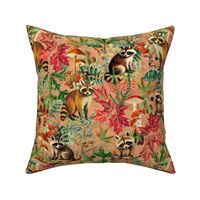 nostalgic toxic mushrooms colorful leaves and the cutest racoons in the forest with dark moody florals vintage fall home decor, antique wallpaper fabric- Wallpaper- warm orange