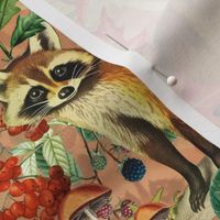 nostalgic toxic mushrooms colorful leaves and the cutest racoons in the forest with dark moody florals vintage fall home decor, antique wallpaper fabric- Wallpaper- warm orange