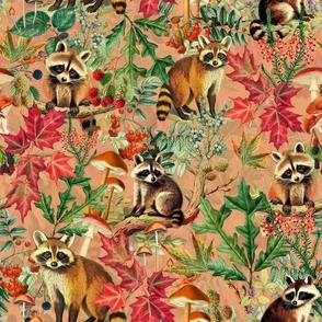 nostalgic toxic mushrooms colorful leaves and the cutest racoons in the forest with dark moody florals vintage fall home decor, antique wallpaper fabric- Wallpaper- warm orange