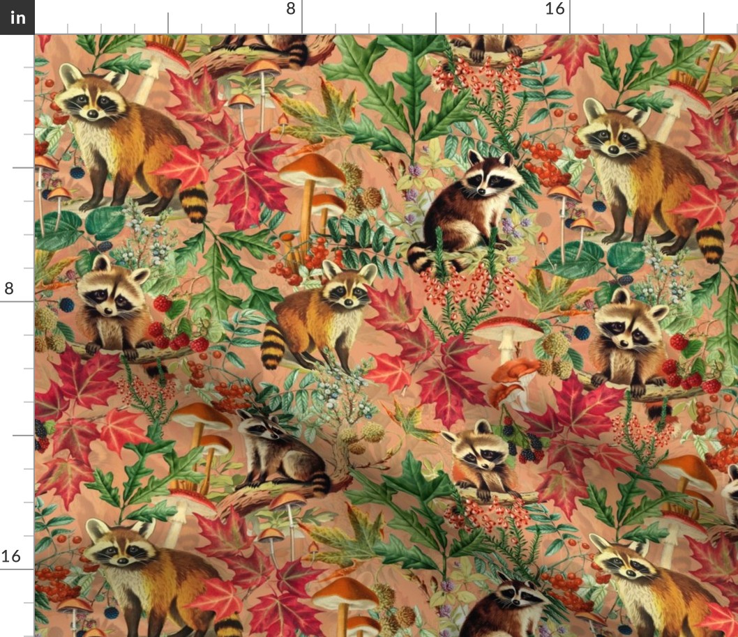 nostalgic toxic mushrooms colorful leaves and the cutest racoons in the forest with dark moody florals vintage fall home decor, antique wallpaper fabric- Wallpaper- warm orange