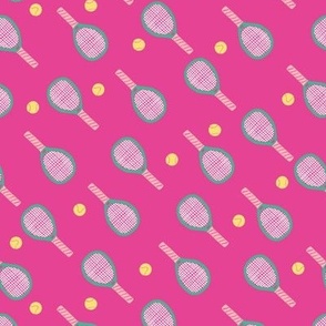 Tennis Balls and Rackets - Raquet Sports Love - Retro Pop and Preppy - Hot Pink (Medium)