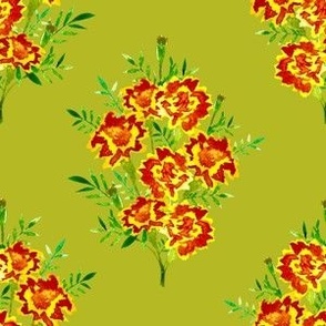 Watercolor Marigolds on Avocado Green
