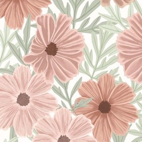 Boho floral garden of coral and  rose pink cosmos with celadon green leaves 