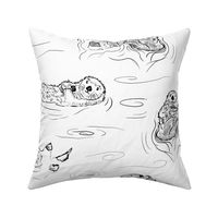 Large Otters Swimming, Black on White
