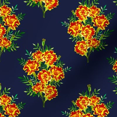 Watercolor Marigolds on Navy Blue