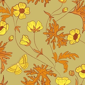 Retro Green, Yellow, and Sienna Buttercup Bliss Trailing Floral with Butterflies