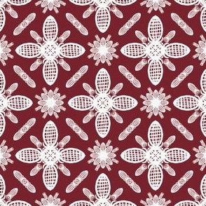 Monochrome Basket Flowers Grid - White on Claret 77222c