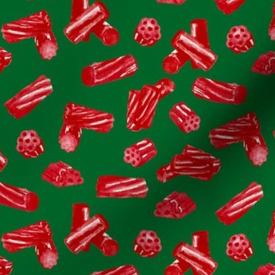 Red Licorice Bits on a Bright Christmas Green