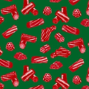 Red Licorice Bits on a Bright Christmas Green