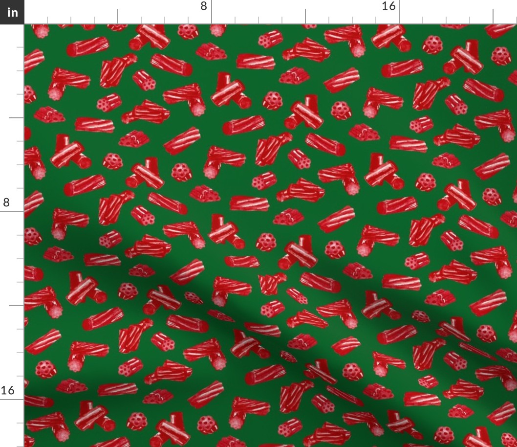 Red Licorice Bits on a Bright Christmas Green