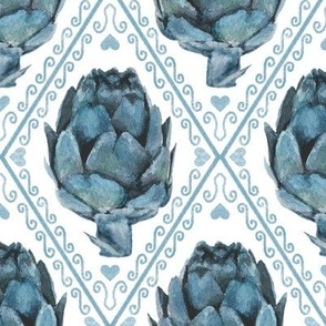 Blue Artichoke Diamond Damask Watercolor