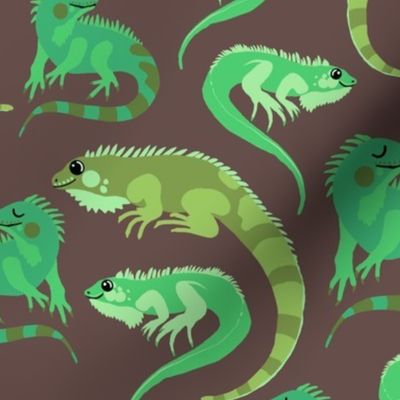 Green Iguana Friends on Chocolate Brown, Medium