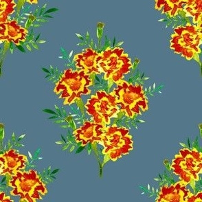 Red and Yellow Marigold Bouquets on Denim Blue