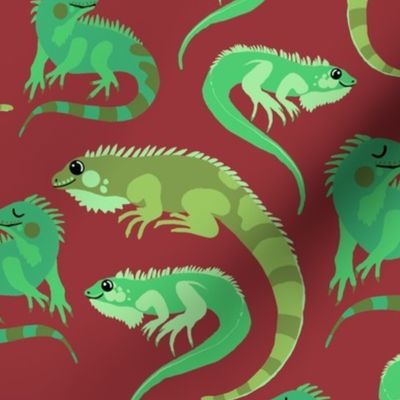 Green Iguana Friends on Crimson Red, Medium