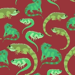 Green Iguana Friends on Crimson Red, Medium