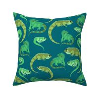 Green Iguana Friends on Teal Blue