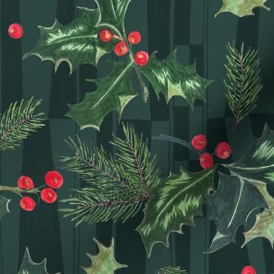 Holly and Red Berries and Pine on green - Large