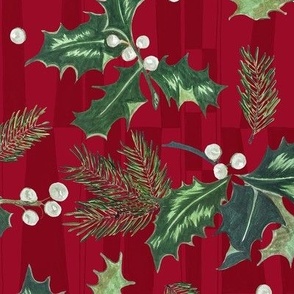 Holly and White Berries and Pine on red - Large