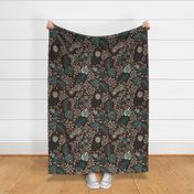 Dark Green Abstract Peacock Feathers with Leopard Print Large Scale