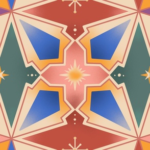 Geometric neogothic style four leaf flower. Colorful, midcentury shaded gradient pattern. Big  scale.