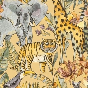 Watercolor floral animals on yellow