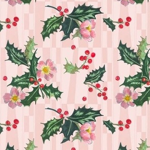 Holly, berries and Christmas Rose on vintage pink geometric - Small
