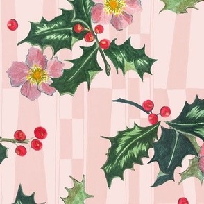 Holly, berries and Christmas Rose on vintage pink geometric