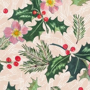 Holly, Pine and Rose on beige with white hashmarks -Large