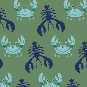 Coastal Chic Lobsters and Crabs, Blue on Green