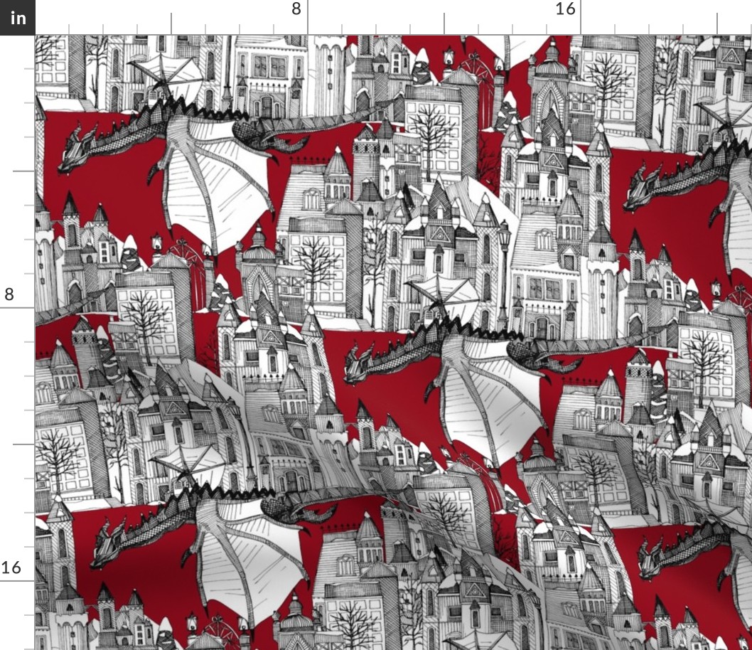 Dragon Kingdom Winter Toile red