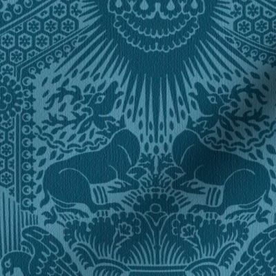1390 Italian Damask with Deer and Eagles, Peacock Blue