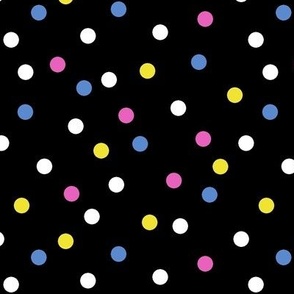 darker blue pink yellow white polka dots on black large