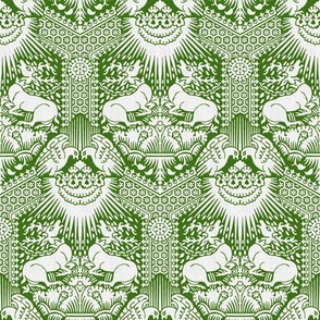 1390 Damask with Deer and Eagles, White on Green