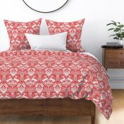 1390 Damask with Deer and Eagles, White on Red