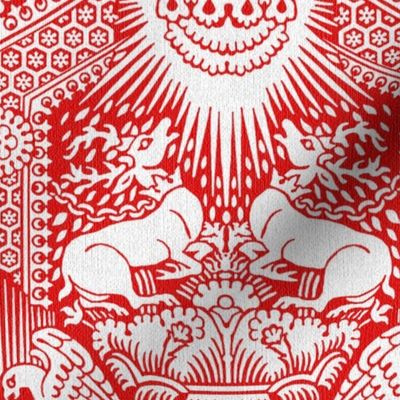 1390 Damask with Deer and Eagles, White on Red