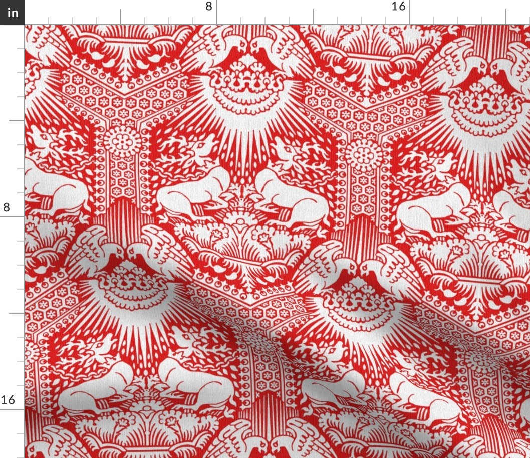 1390 Damask with Deer and Eagles, White on Red