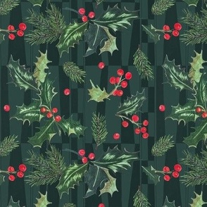Holly and Red Berries and Pine on green -Small