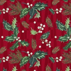 Holly and White Berries and Pine on red -Small